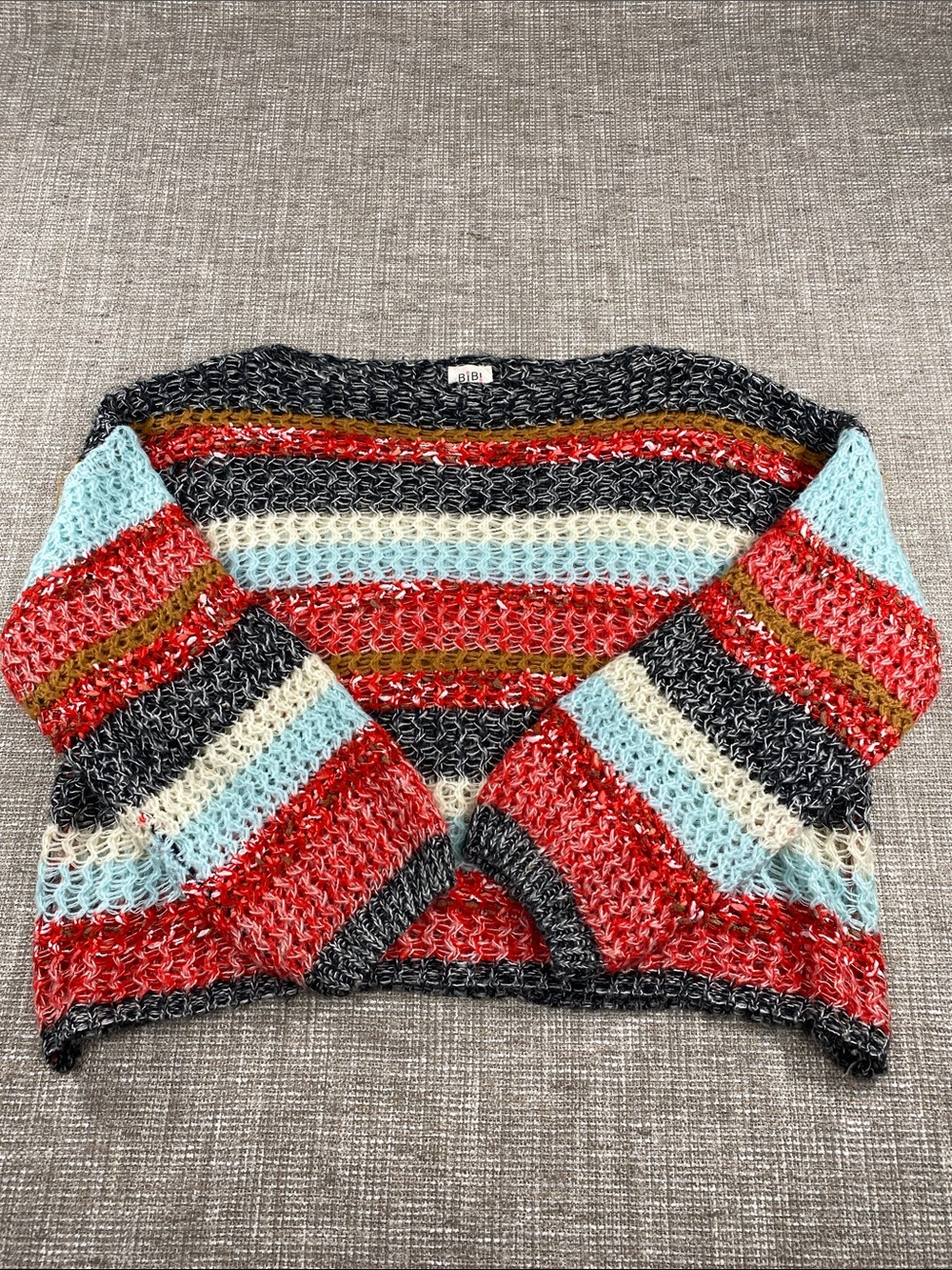 BIBI Multicolor Striped Open-Knit Sweater - Red, Light Blue & Cream